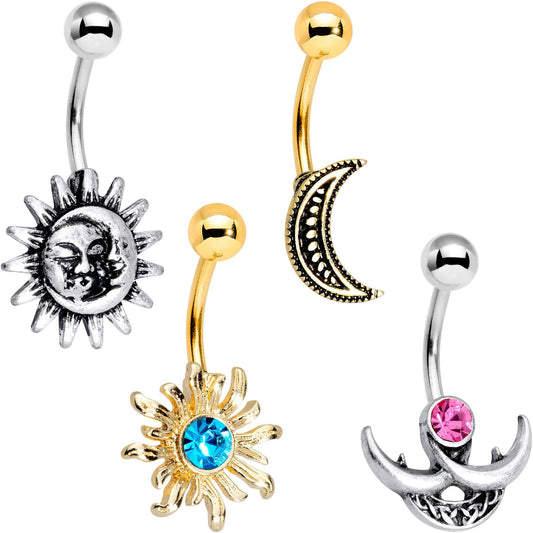 Blue Pink Gem Sun and Moon Goddess Belly Ring Set of 4