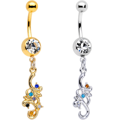 Clear Gem Gold PVD Filigree Flow Best Friend Dangle Belly Ring Set of 2