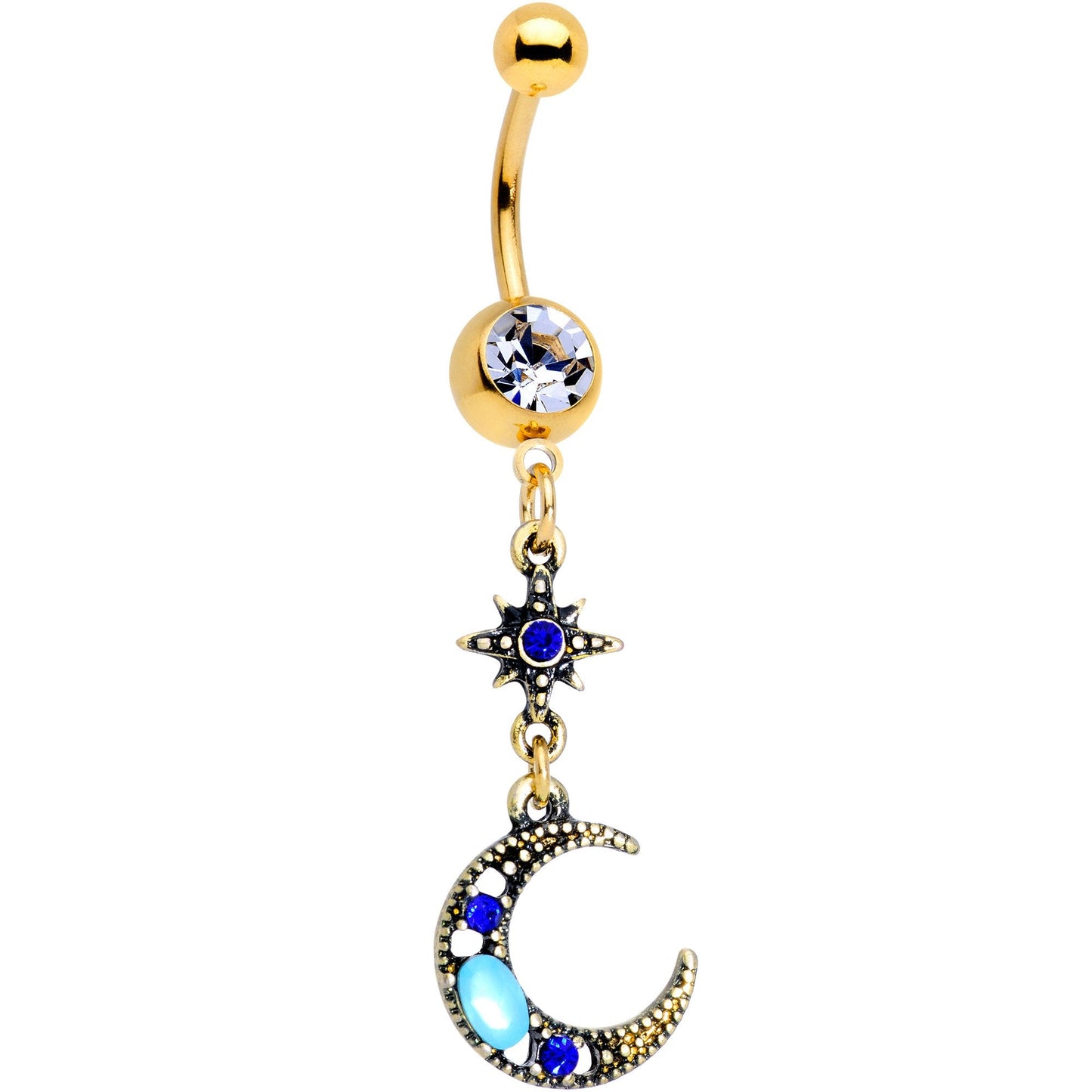 Blue Gem Gold PVD Blue Celestial Moon Star Dangle Belly Ring Set of 2
