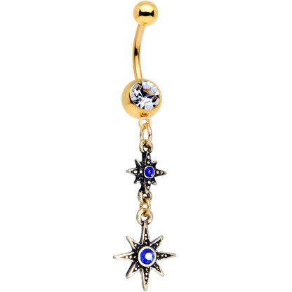 Blue Gem Gold PVD Blue Celestial Moon Star Dangle Belly Ring Set of 2