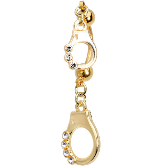 Clear Gem Gold PVD Handcuffed Double Mount Dangle Belly Ring