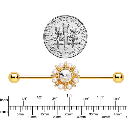 Clear Gem White Orb Gold PVD Sun Wheel Industrial Barbell 38mm