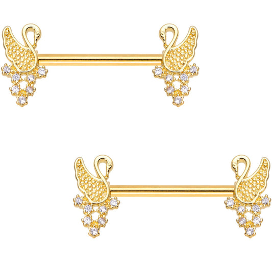 9/16 Clear Gem Gold PVD Royal Swan Barbell Nipple Ring Set