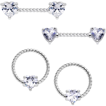 14G Clear CZ Gem Heart Twisted BCR Ring Barbell Nipple Ring Set