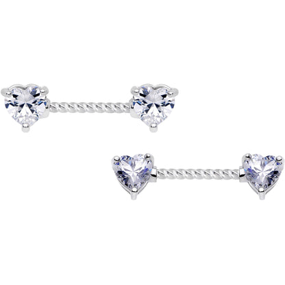 14G Clear CZ Gem Heart Twisted BCR Ring Barbell Nipple Ring Set