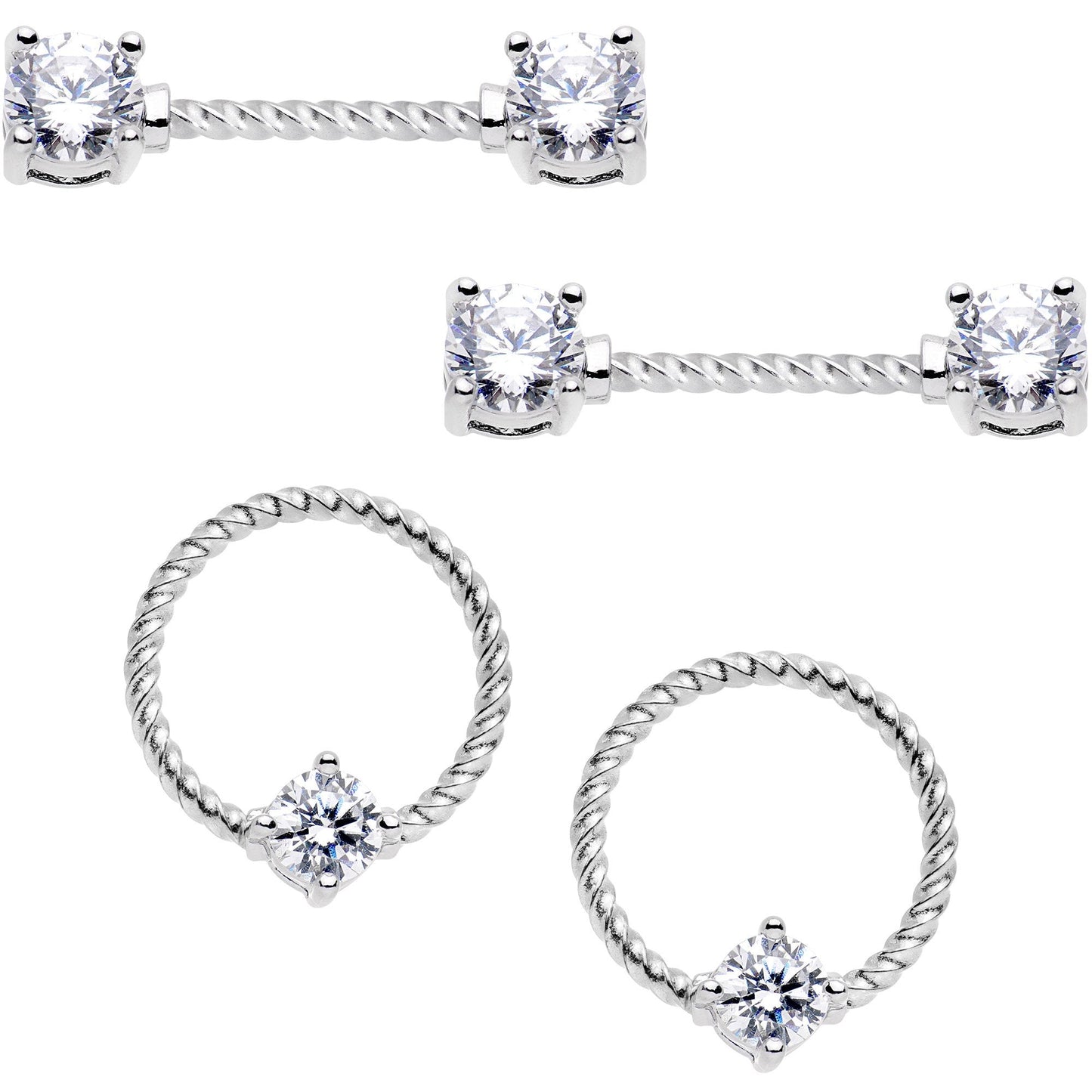 14G Clear CZ Gem Twisted Captive Ring Barbell Nipple Ring Set