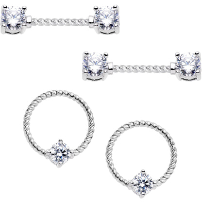 14G Clear CZ Gem Twisted Captive Ring Barbell Nipple Ring Set