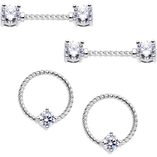 14G Clear CZ Gem Twisted Captive Ring Barbell Nipple Ring Set