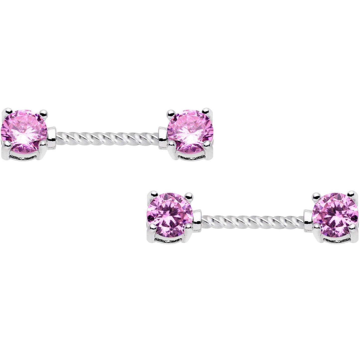 14G 5/8 Pink CZ Gem Twisted Captive Ring Barbell Nipple Ring Set