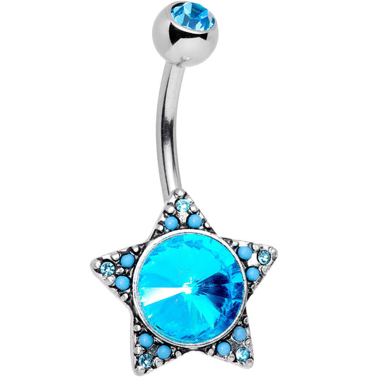 Aqua Gem Encrusted Big Star Belly Ring