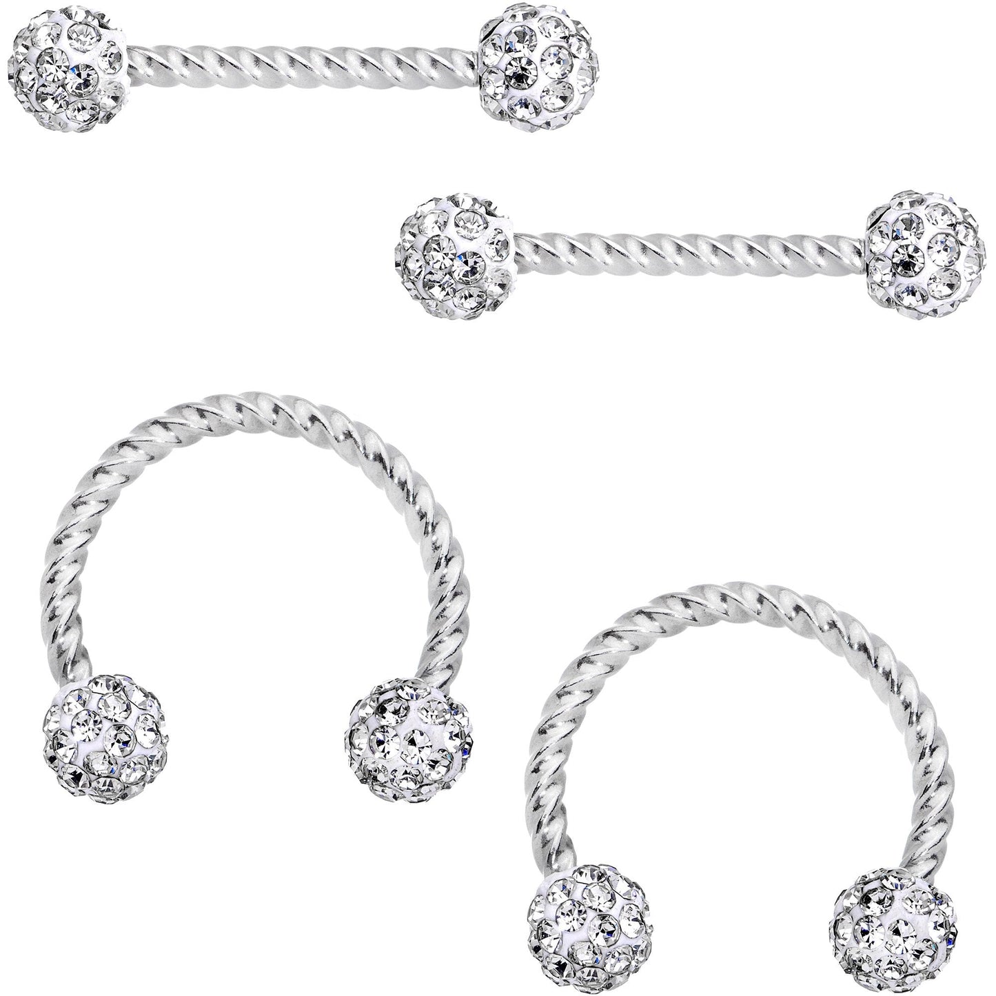 14G Clear Gem Cluster Twisted Horseshoe Barbell Nipple Ring Set