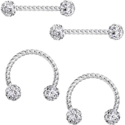 14G Clear Gem Cluster Twisted Horseshoe Barbell Nipple Ring Set