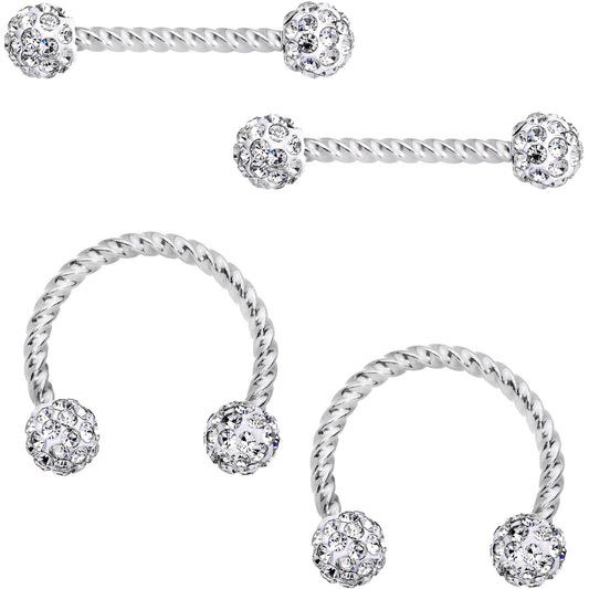 14G Clear Gem Cluster Twisted Horseshoe Barbell Nipple Ring Set