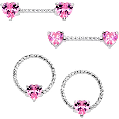 14G Pink CZ Gem Heart Twisted BCR Ring Barbell Nipple Ring Set