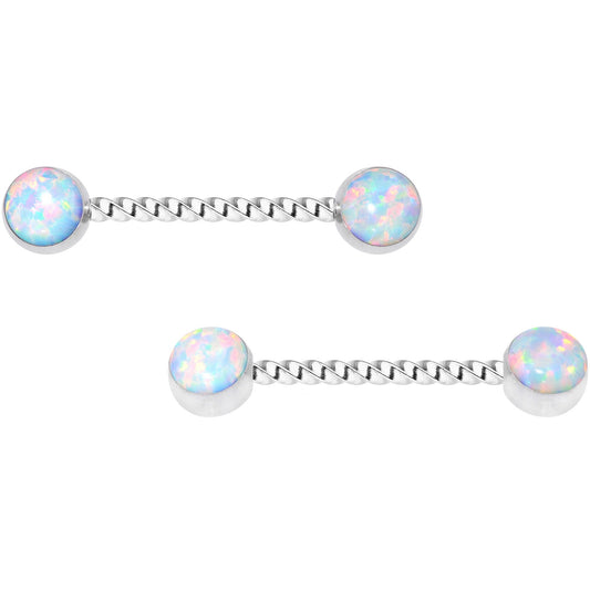 14G 9/16 White Synthetic Opal Twisted Barbell Nipple Ring Set