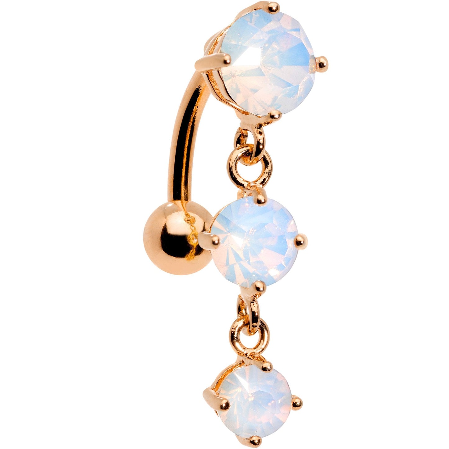 White Faux Opal Rose Gold Plated Trio Tier Top Mount Dangle Belly Ring