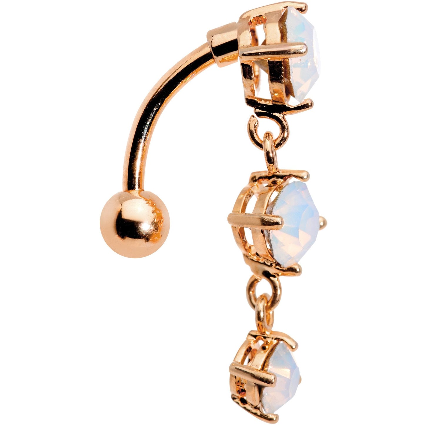 White Faux Opal Rose Gold Plated Trio Tier Top Mount Dangle Belly Ring