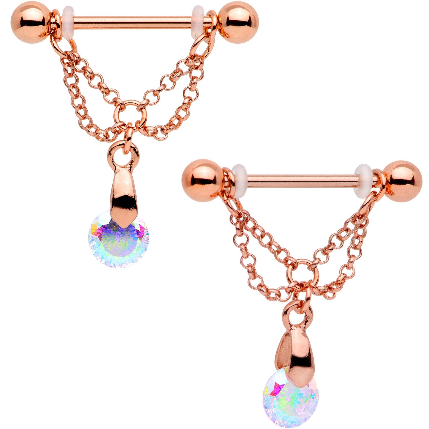 Aurora Gem Rose Gold PVD Droplet Chain Dangle Barbell Nipple Ring Set