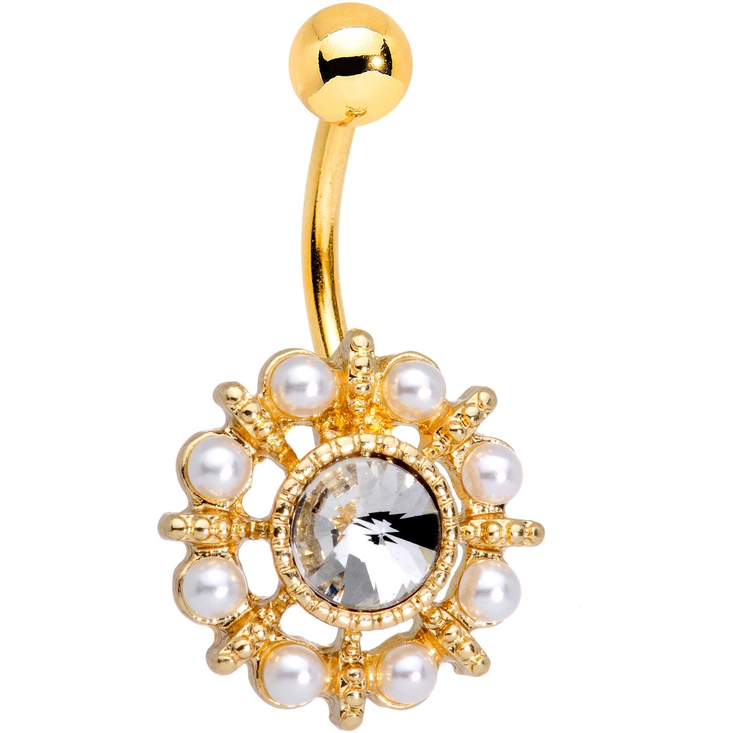 Clear Gem White Orb Gold PVD Sun Wheel Belly Ring