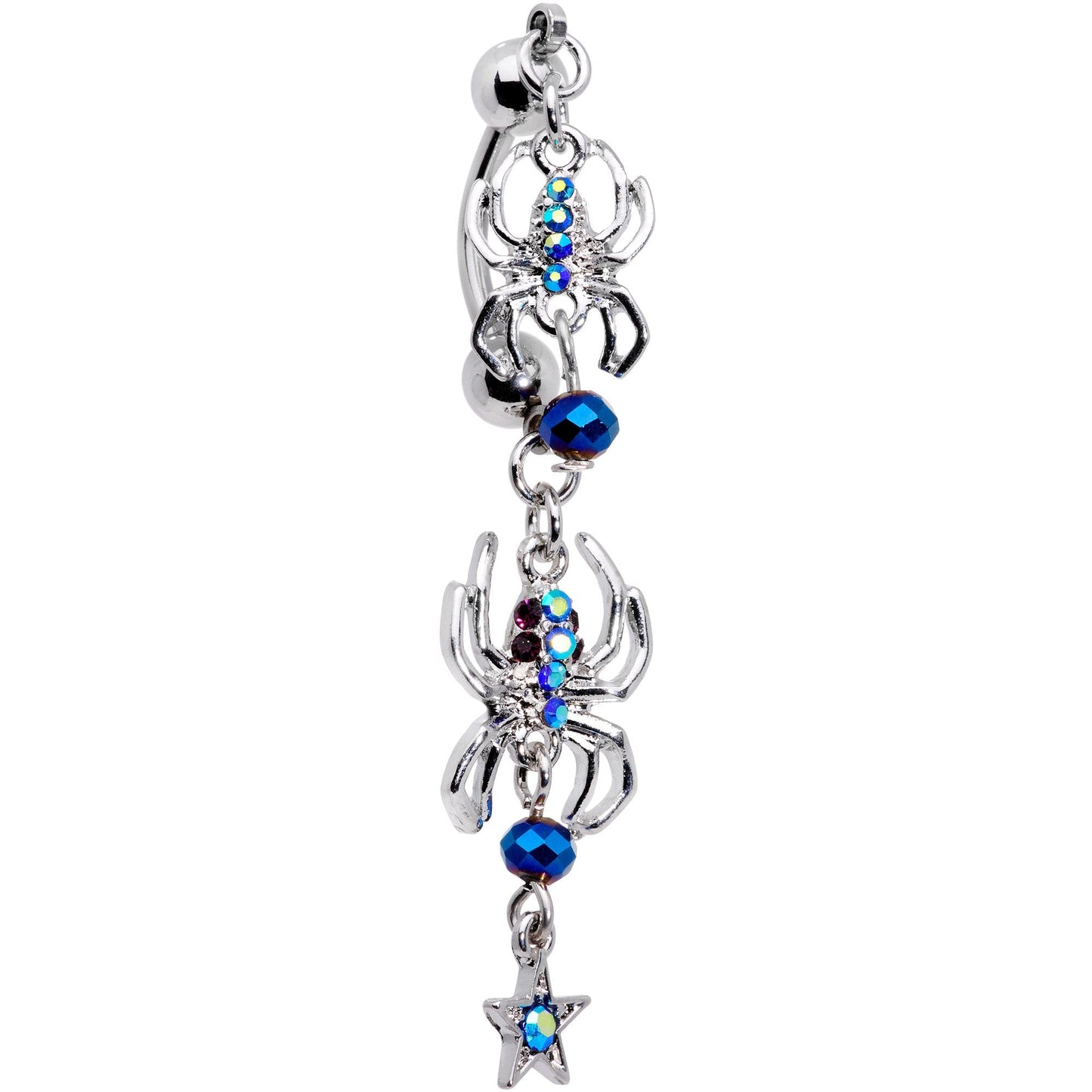 Blue Gem Spider String Reversible Top Mount Dangle Belly Ring