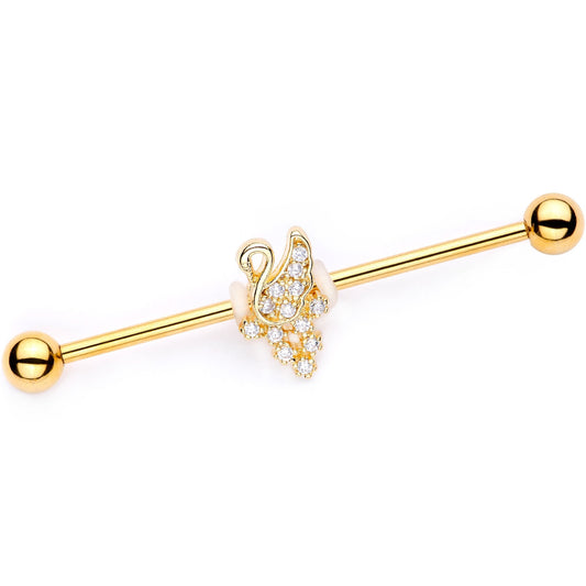 Clear CZ Gem Gold PVD Royal Swan Industrial Barbell 38mm