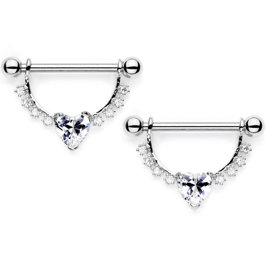 Clear CZ Gem Lacy Heart Dangle Barbell Nipple Ring Set