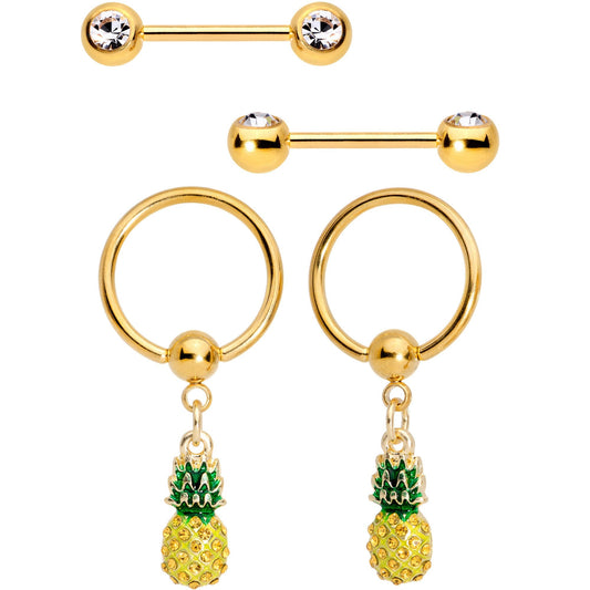14G Clear CZ Gem Gold Tone Pineapple BCR Barbell Nipple Ring Set