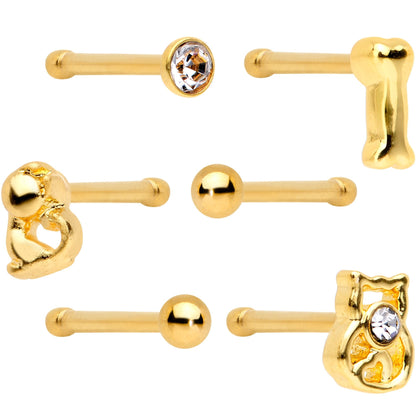 Clear Gem Gold PVD House Pets Nose Bone 6 Pack Set