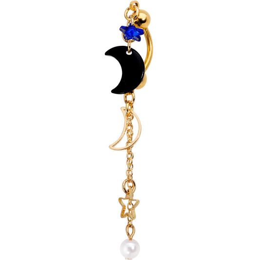 Blue Gem Star Gold PVD Cosmic Moons Top Mount Dangle Belly Ring