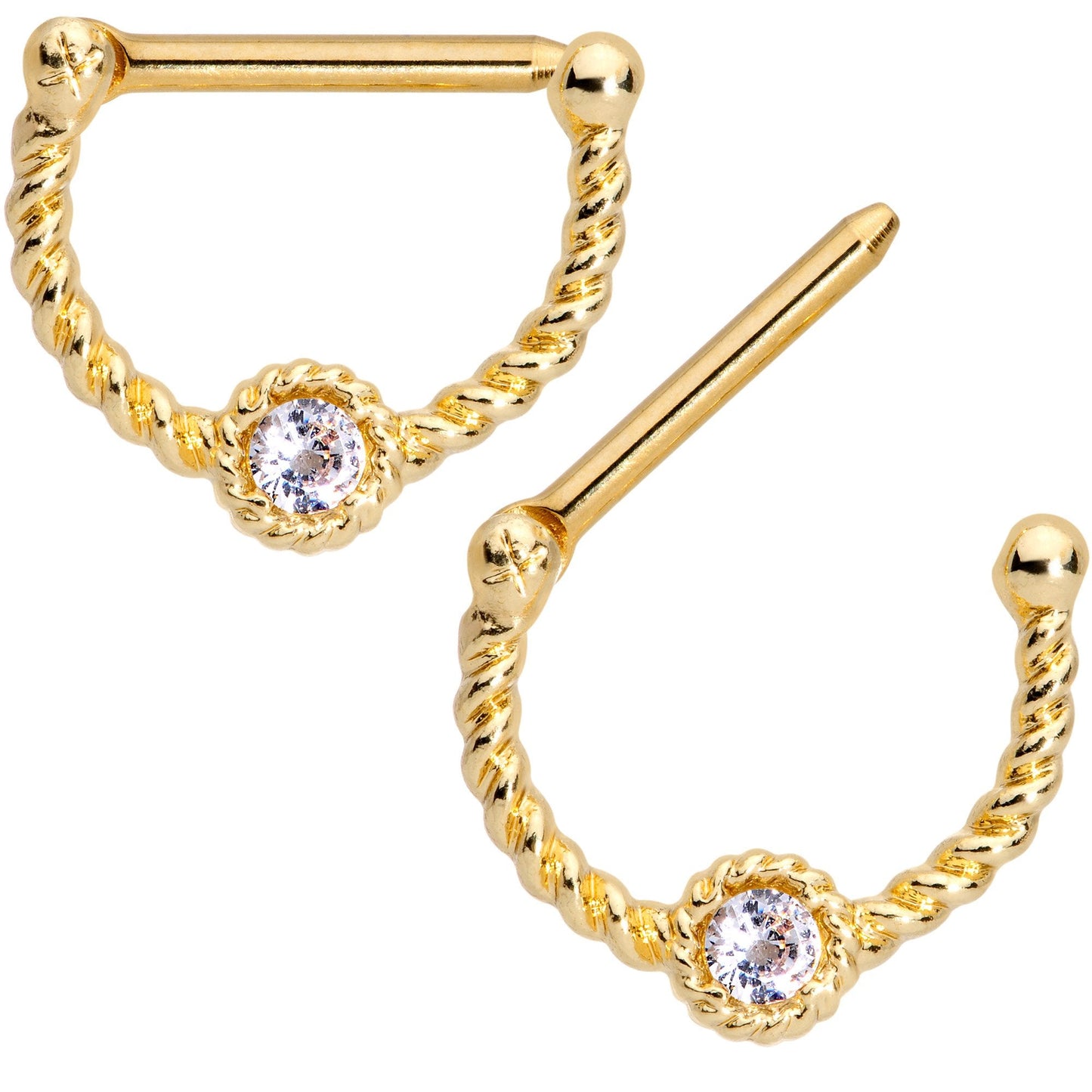 14G 7/16 Clear Gem Gold Tone Anodized Twisted Nipple Clicker Set