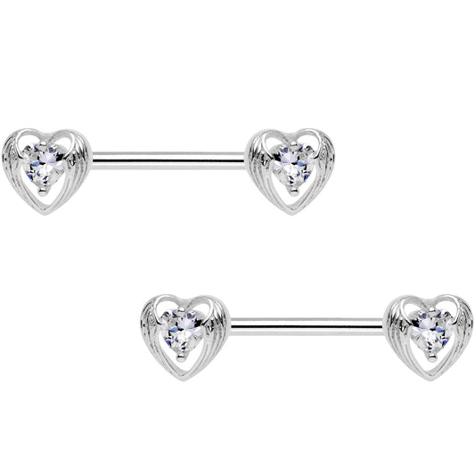 9/16 Clear CZ Gem Hugged Heart Barbell Nipple Ring Set