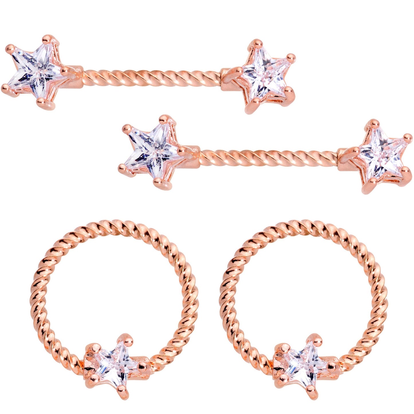 14G Clear CZ Gem Star Rose Gold Hue BCR Barbell Nipple Ring Set