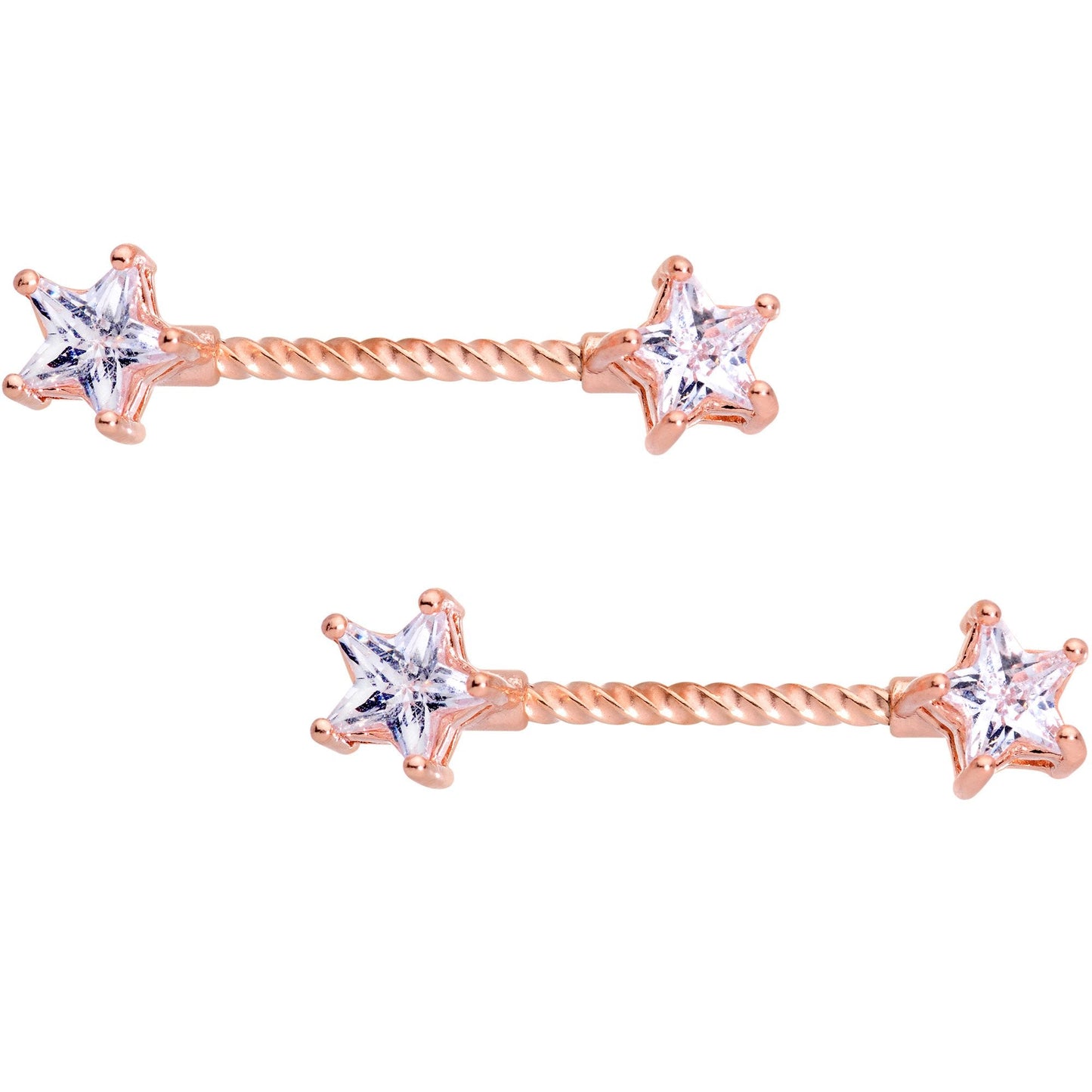 14G Clear CZ Gem Star Rose Gold Hue BCR Barbell Nipple Ring Set