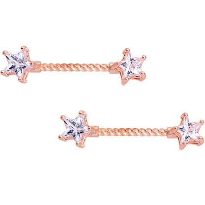 14G Clear CZ Gem Star Rose Gold Hue BCR Barbell Nipple Ring Set