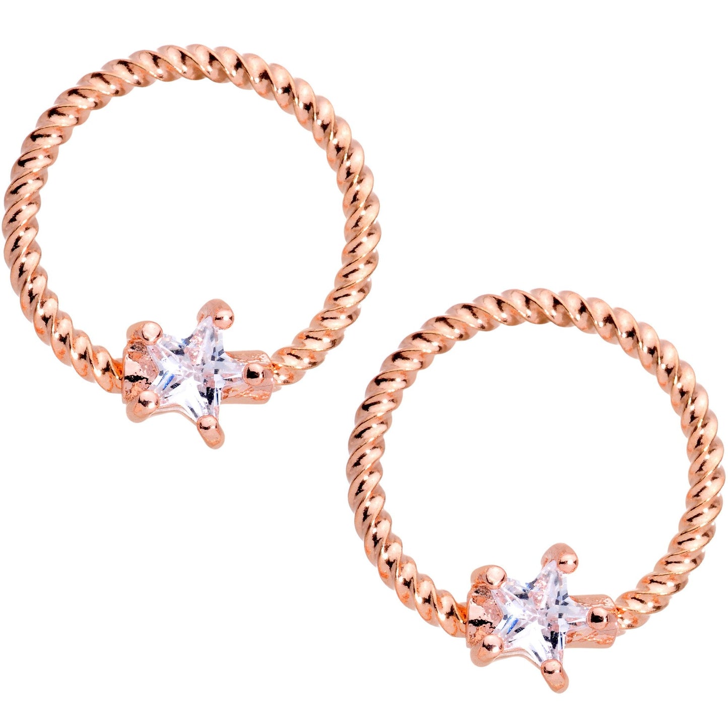 14G Clear CZ Gem Star Rose Gold Hue BCR Barbell Nipple Ring Set