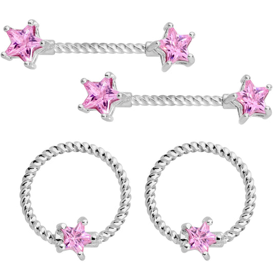 14G Pink CZ Gem Star Twisted BCR Barbell Nipple Ring Set of 4