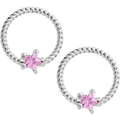 14G Pink CZ Gem Star Twisted BCR Barbell Nipple Ring Set of 4