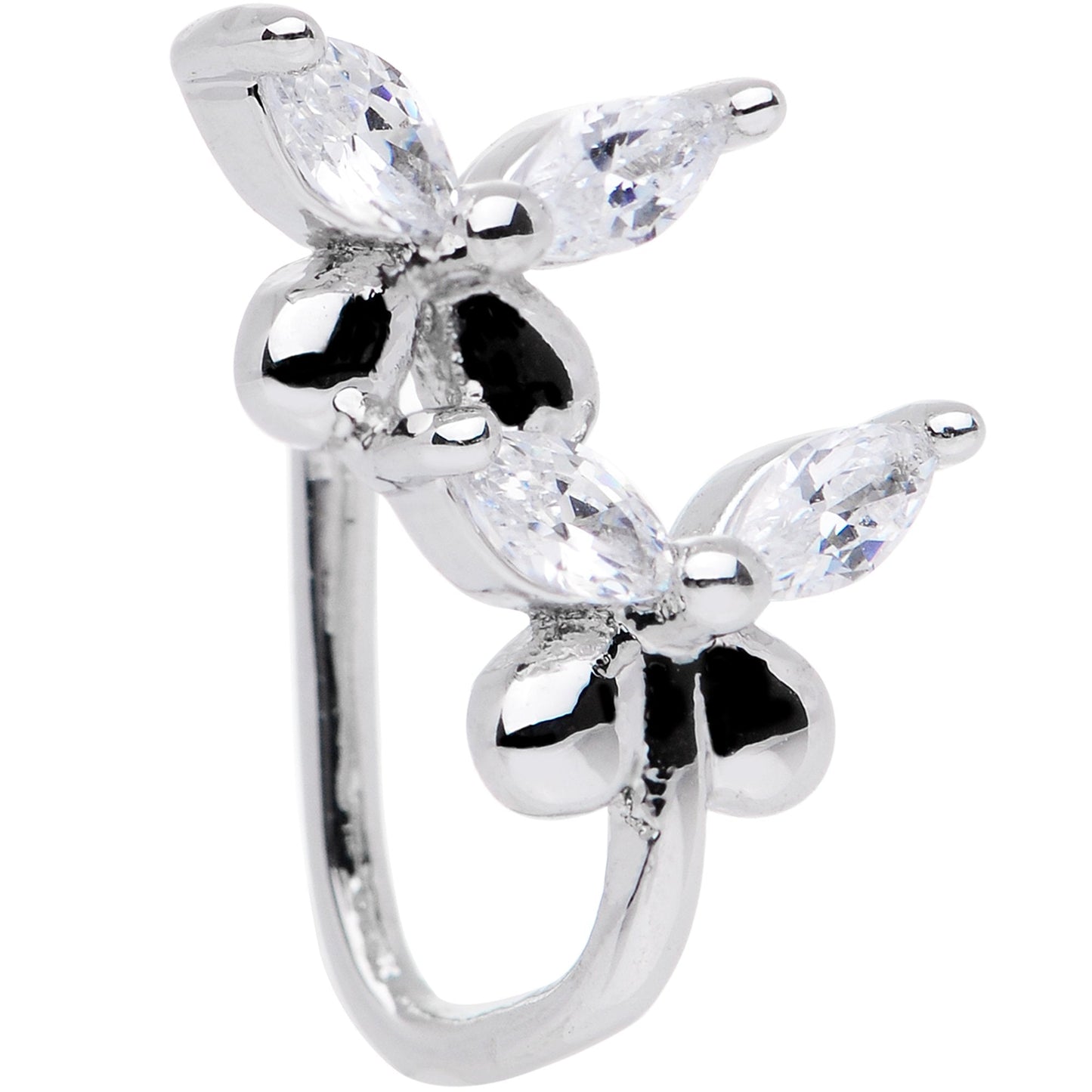 Clear CZ Gem Rhodium Plated Twin Butterfly Clip On Fake Nose Ring
