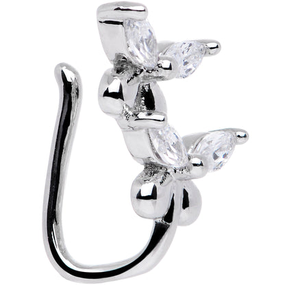 Clear CZ Gem Rhodium Plated Twin Butterfly Clip On Fake Nose Ring