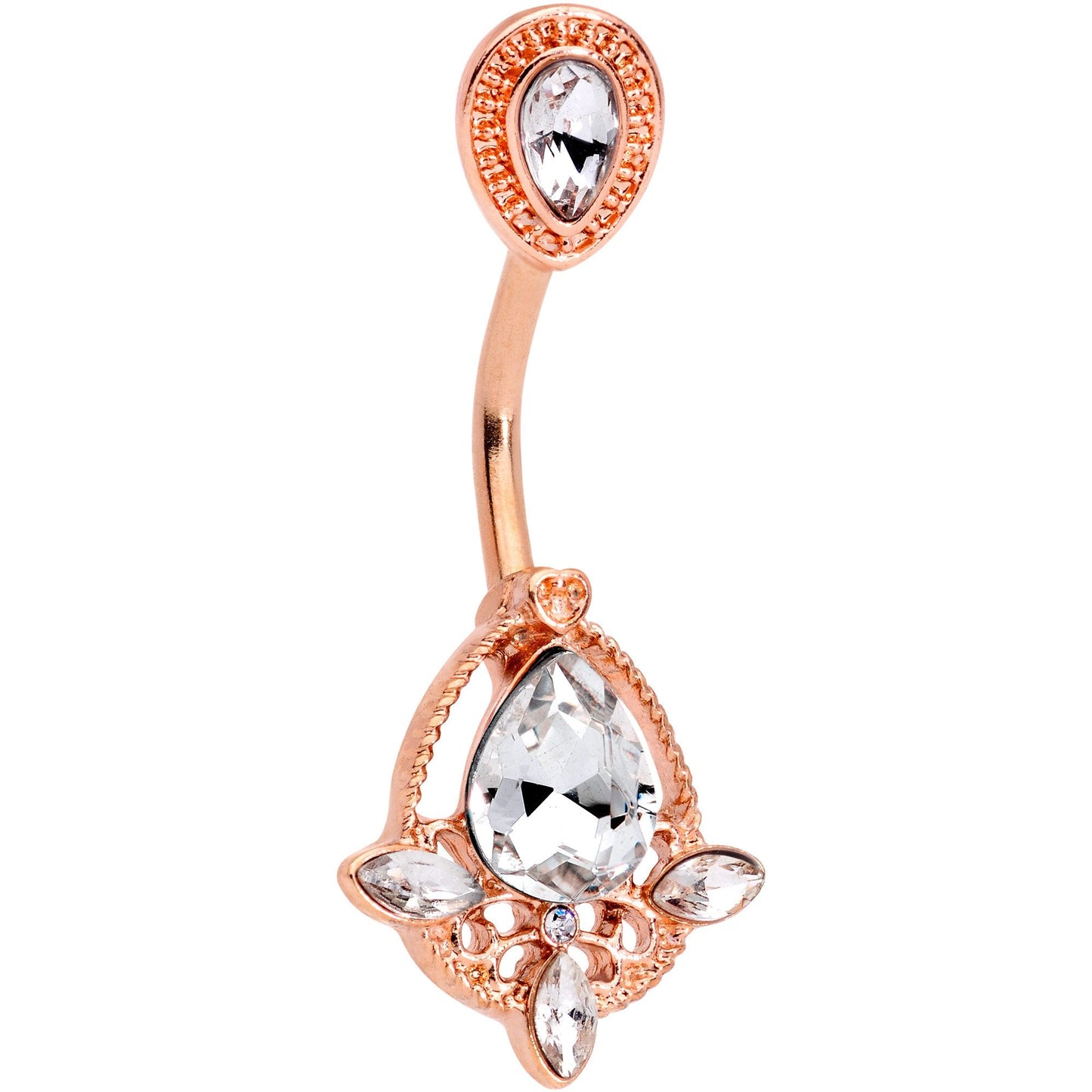 Clear Gem Rose Gold Tone Tear Drop Heaven Double Mount Belly Ring