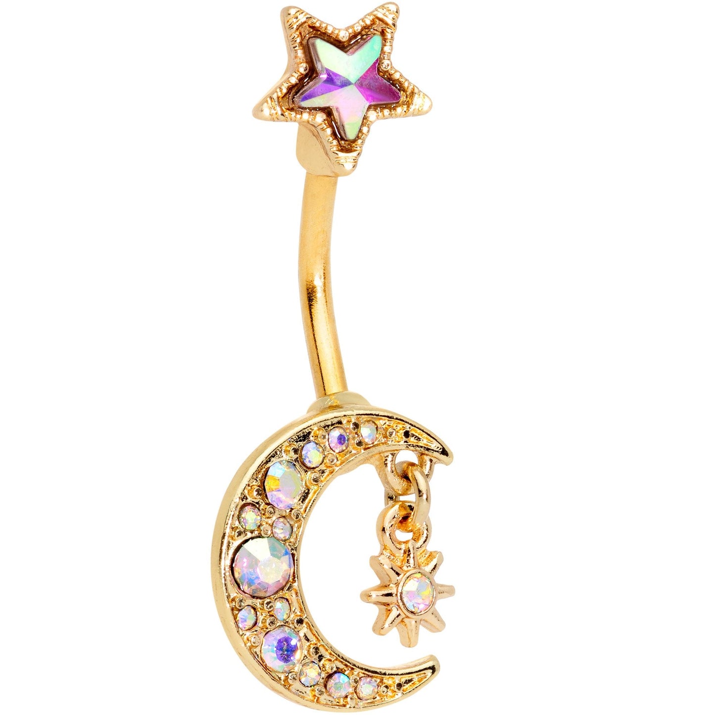 Aurora Gem Gold Tone Moon and Star Double Mount Belly Ring