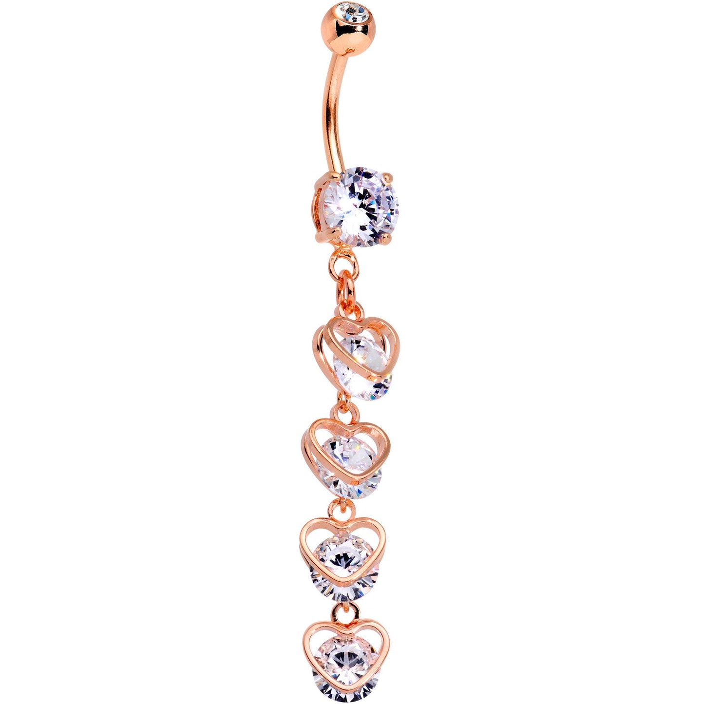 Clear CZ Gem Rose Gold Tone Anodized Heart Trap Dangle Belly Ring