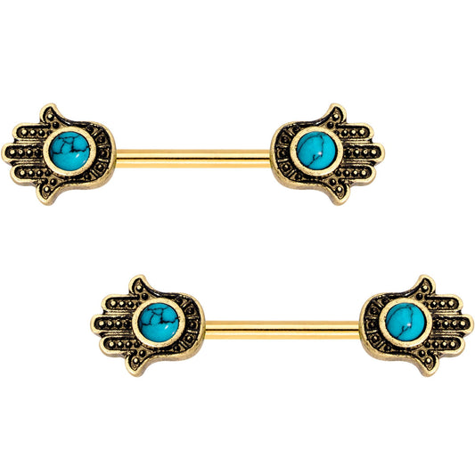 Faux Turquoise Gold Tone Hamsa Hand Barbell Nipple Ring Set