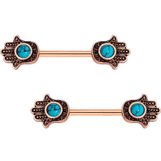 Faux Turquoise Rose Gold Tone Hamsa Hand Barbell Nipple Ring Set