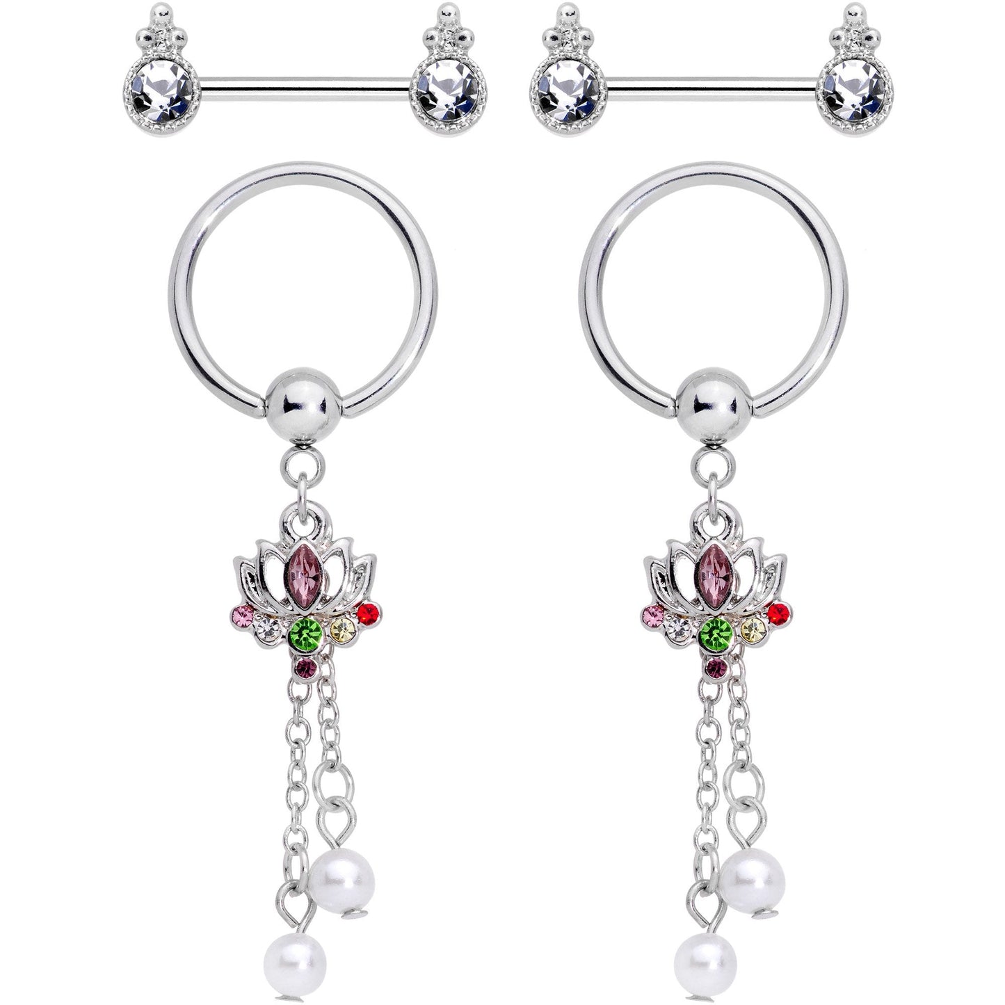 14G Clear CZ Gem Lotus Flower Queen Captive Ring Barbell Nipple Ring Set