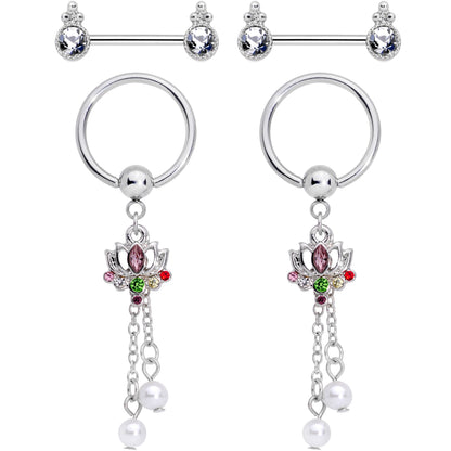 14G Clear CZ Gem Lotus Flower Queen Captive Ring Barbell Nipple Ring Set