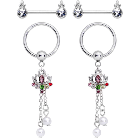 14G Clear CZ Gem Lotus Flower Queen Captive Ring Barbell Nipple Ring Set