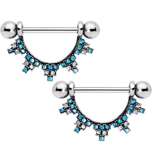 9/16 Clear Aqua CZ Gem Classic Cluster Dangle Nipple Ring Set