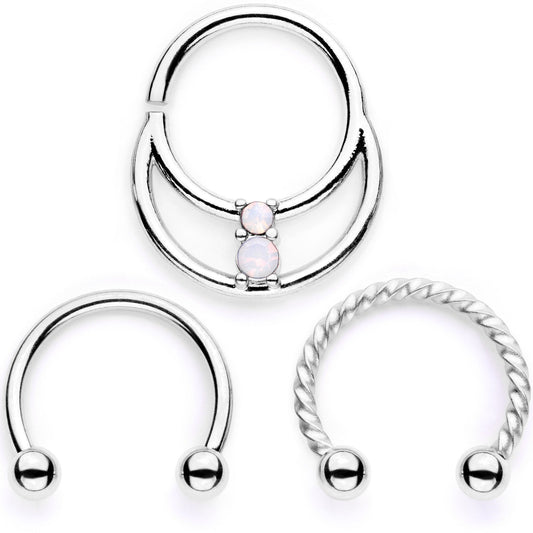 16G 3/8 White Faux Opal Twisted Horseshoe Closure Ring Set