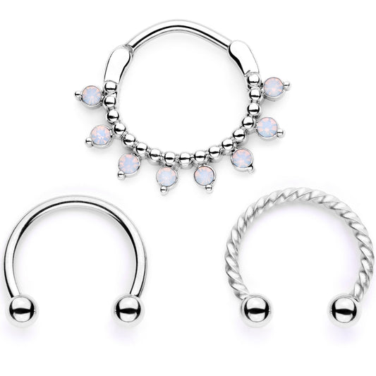 16G 3/8 White Faux Opal Twisted Hoseshoe and Clicker Set of 3